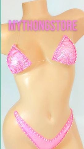 Micro Pink Hologram Rhinestone Bikini: Clear Elastic Exotic Dancewear