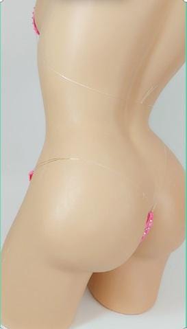Micro Pink Hologram Rhinestone Bikini: Clear Elastic Exotic Dancewear