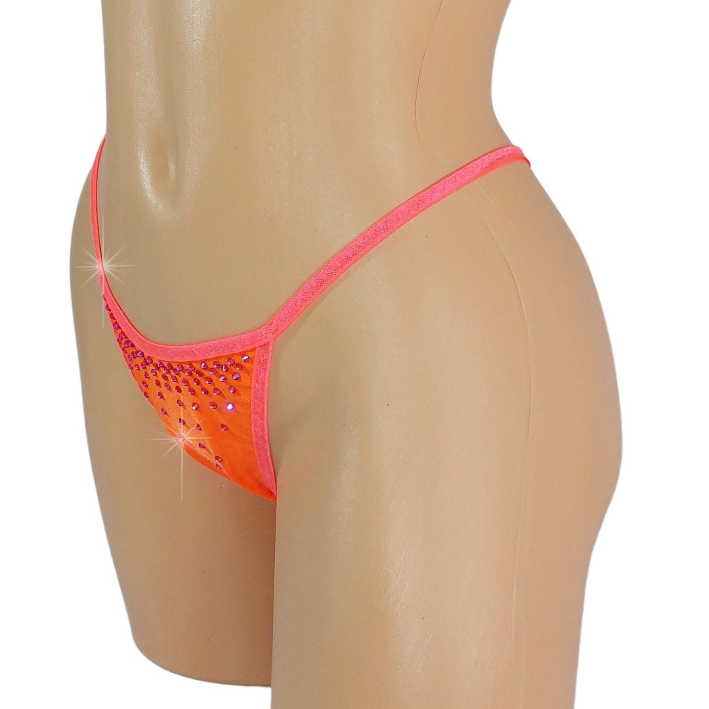 Neon Orange Rhinestone Thong: Adjustable Strap, Glows in Black Light