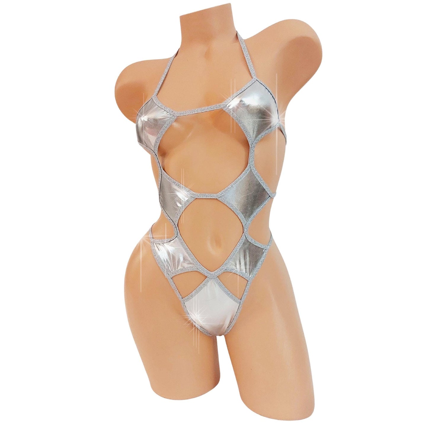 Adjustable Metallic One Piece Micro Thong Bodysuit: Exotic Rave Wear Leotard