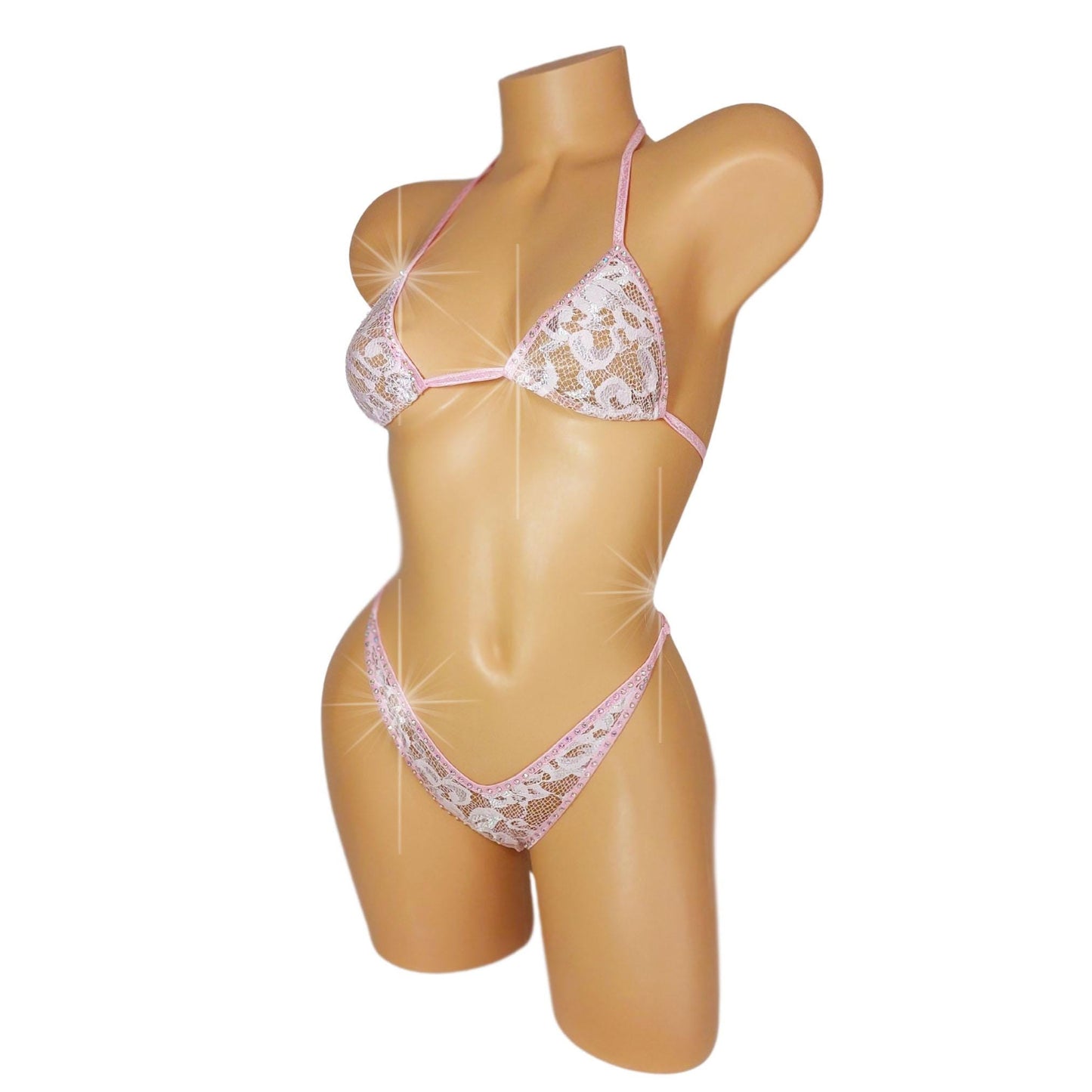 Baby Pink Lace Rhinestone Set – Lingerie, Pole, Beachwear