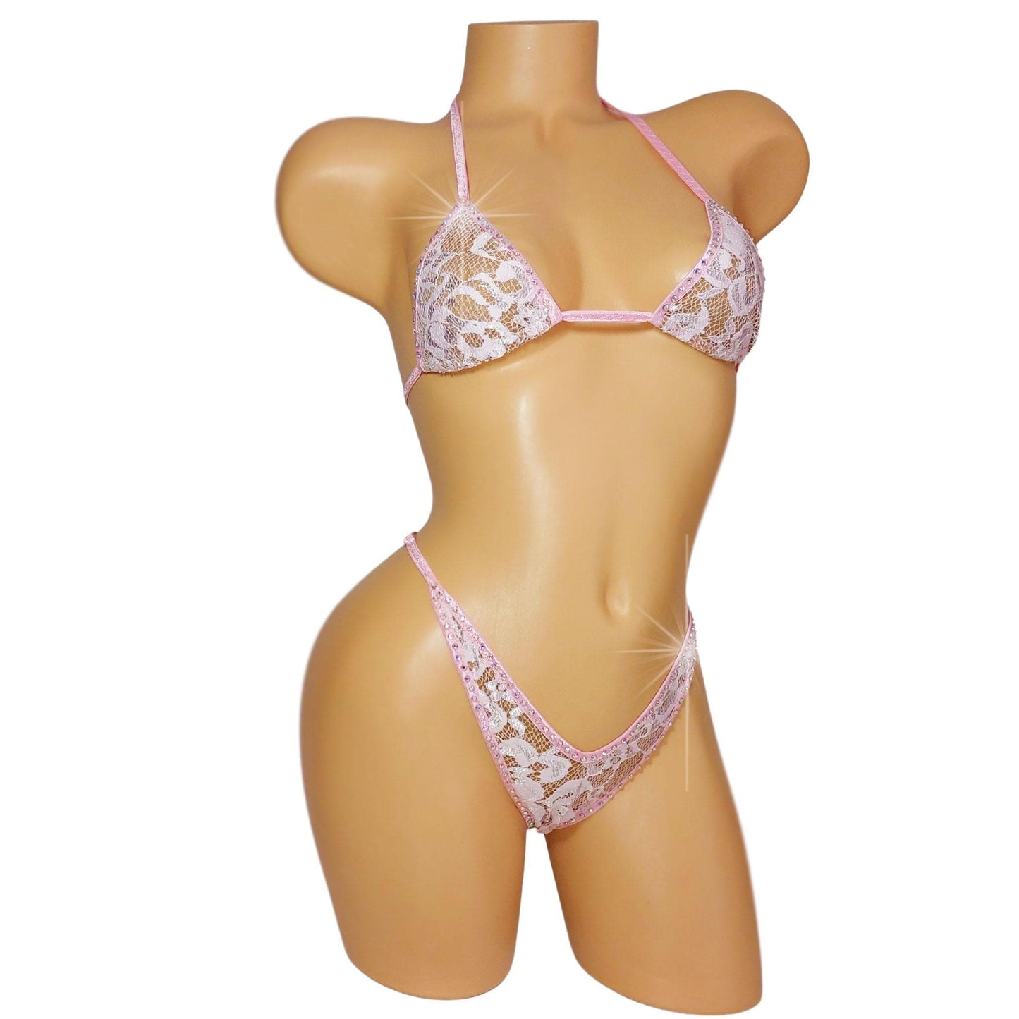 Baby Pink Lace Rhinestone Set – Lingerie, Pole, Beachwear