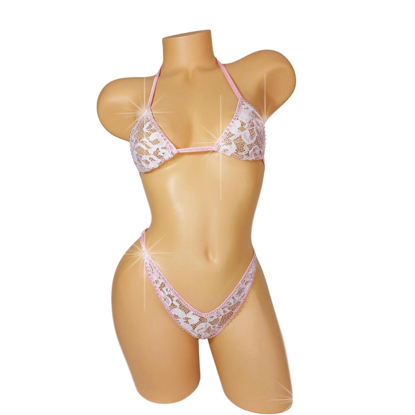 Baby Pink Lace Rhinestone Set – Lingerie, Pole, Beachwear
