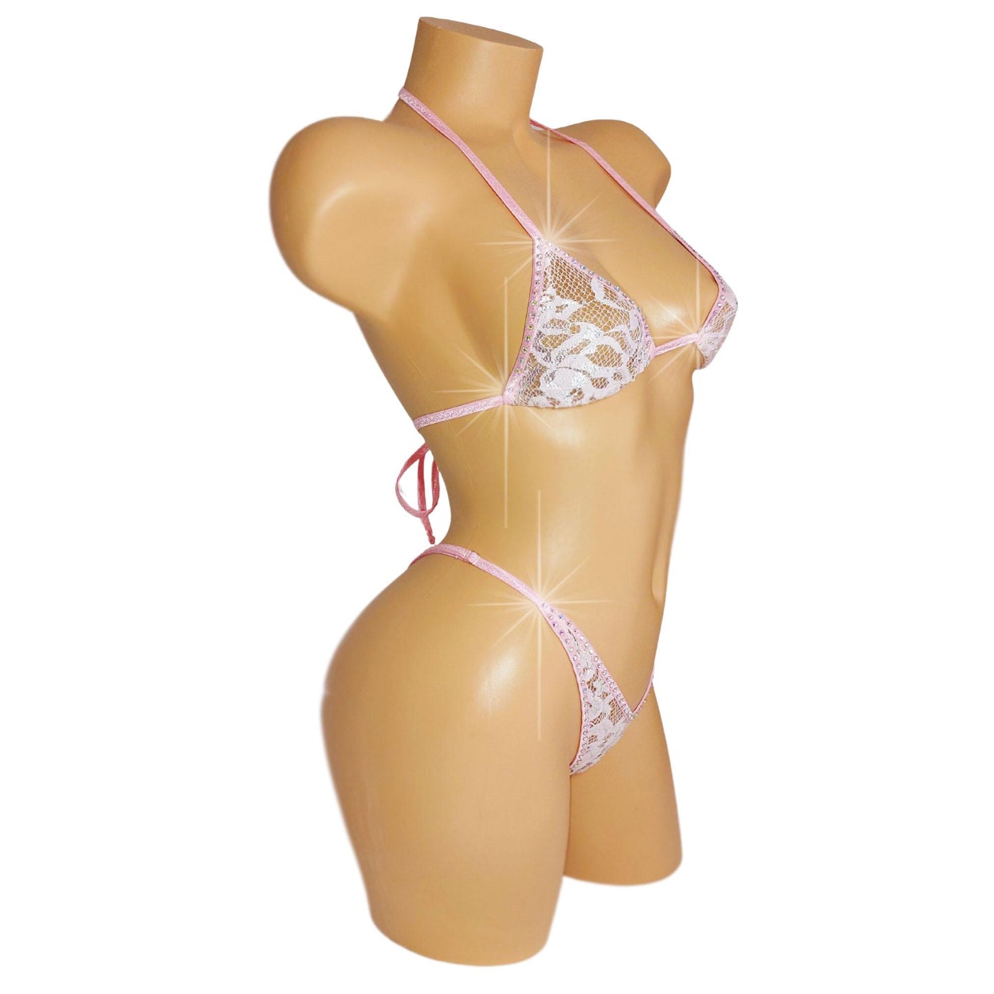 Baby Pink Lace Rhinestone Set – Lingerie, Pole, Beachwear