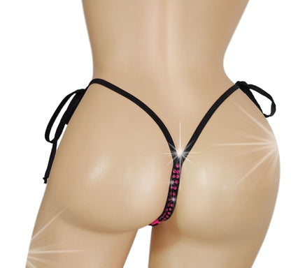 Rhinestone Pink Flames Thong: Tie Side G-string Exotic Dancewear