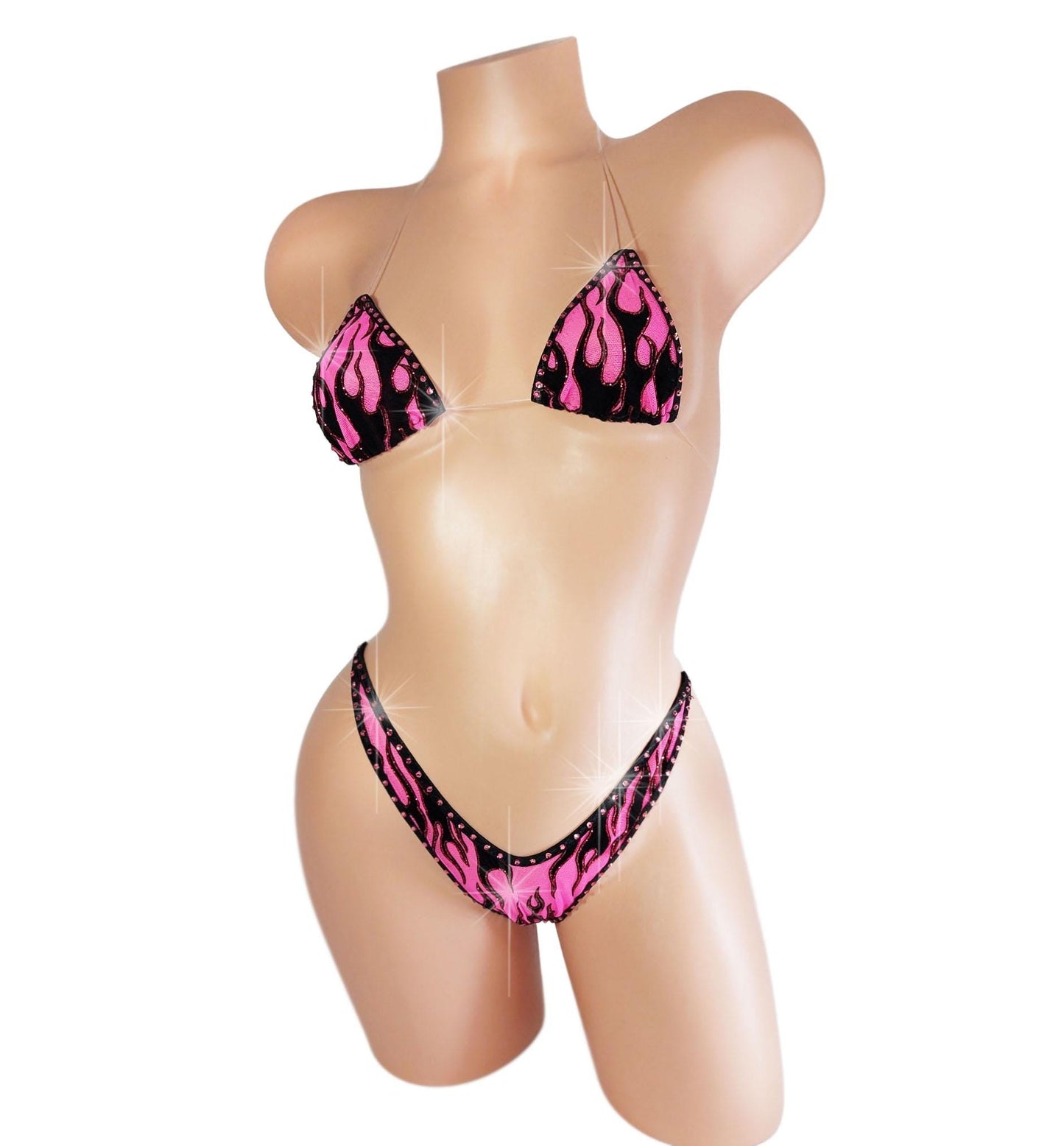 Pink Flame rhinestone bedazzled Bikini – Glows in Black Light