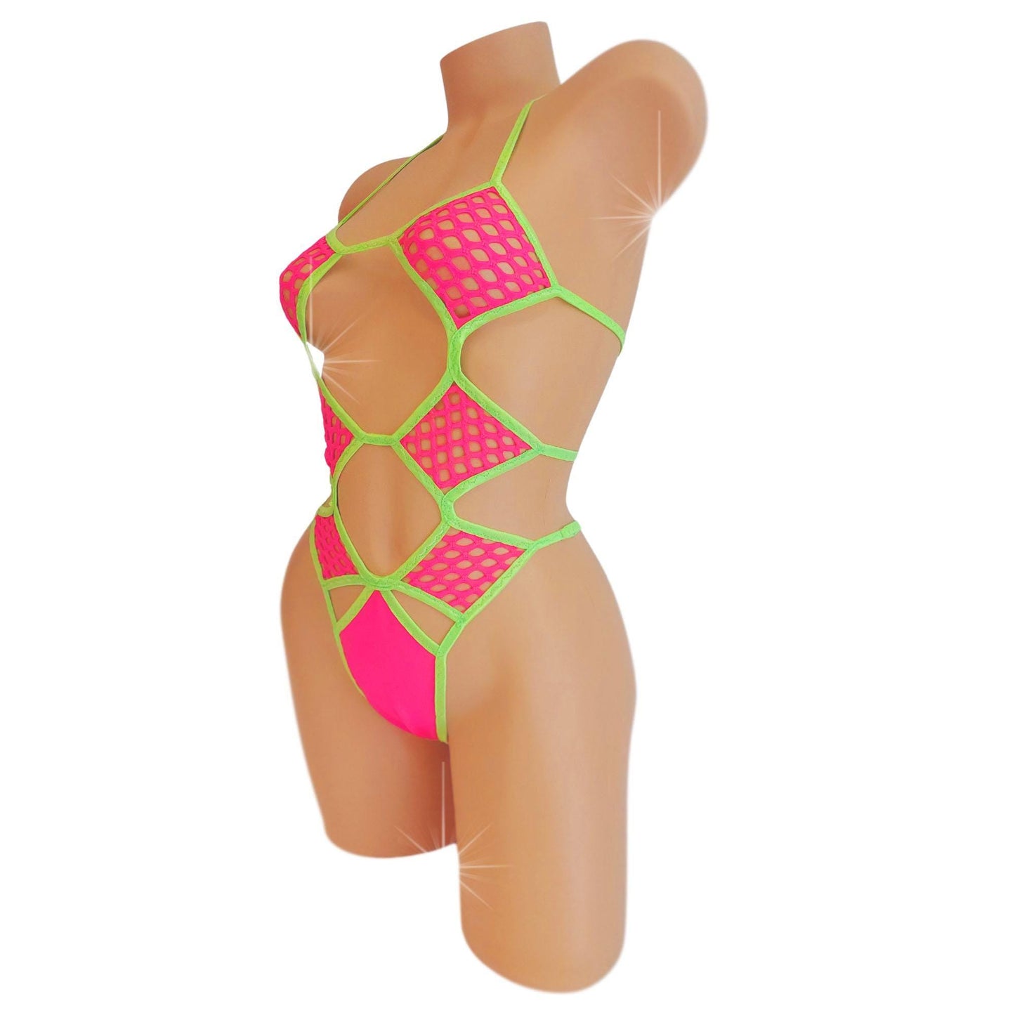 Blacklight Reactive Fishnet One-Piece: Hot Pink Rave Bodysuit