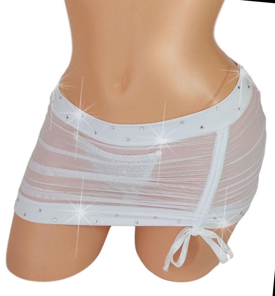 Sheer Ocean Blue Rhinestone Drawstring front, shirred back Micro Mini Skirt: Rave Dancewear