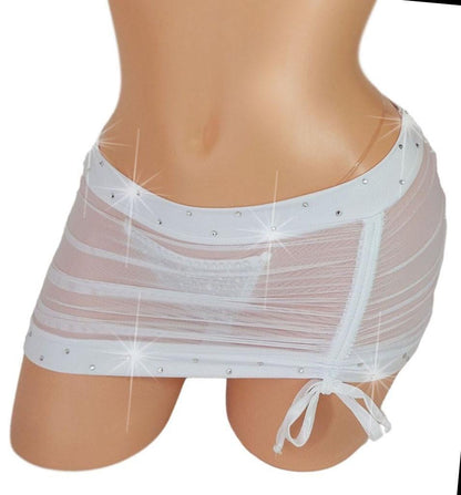 Glow Pink drawstring sheer Mesh Rhinestone Micro Mini skirt- Glow in Black Light! Stripper outfits exotic dancer pole dance *