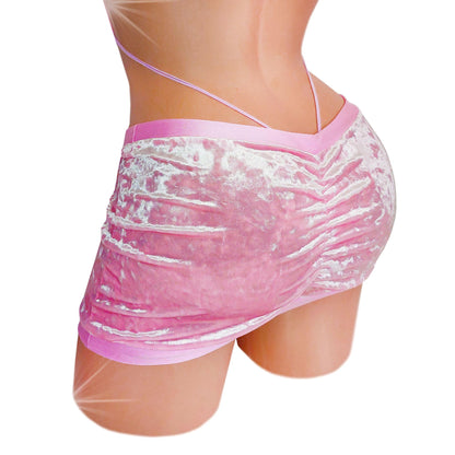 Baby Pink Crushed Velvet - Micro Mini skirt with Drawstring front, ruched back
