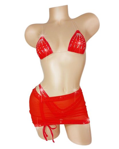 Drawstring Skirt Set & Bikini covered with hand applied Crystal rhinestones - AA - DD cup Sexy micro string bikini mini skirt