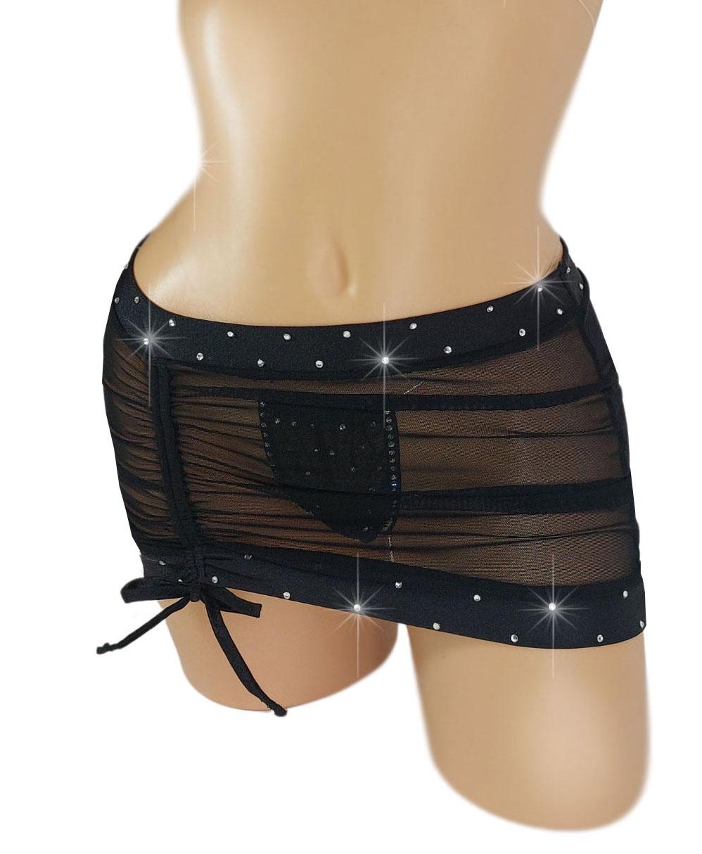 Black drawstring gathered front sheer Mesh Rhinestone Micro Mini skirt- 12 COLORS - Outfits for strippers exotic dancer pole dance XS-LG