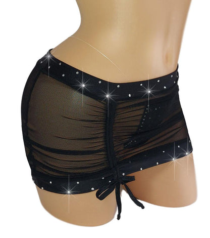 Black drawstring gathered front sheer Mesh Rhinestone Micro Mini skirt- 12 COLORS - Outfits for strippers exotic dancer pole dance XS-LG