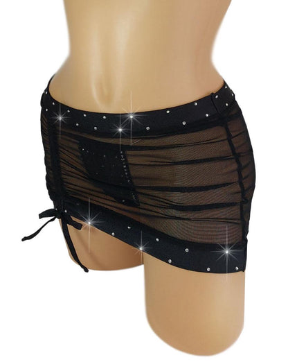Black drawstring gathered front sheer Mesh Rhinestone Micro Mini skirt- 12 COLORS - Outfits for strippers exotic dancer pole dance XS-LG
