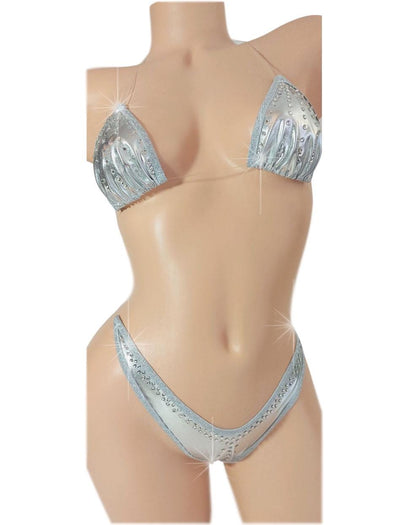 Rhinestone Silver Metallic Bikini: Adjustable Clear Straps, XS-XL