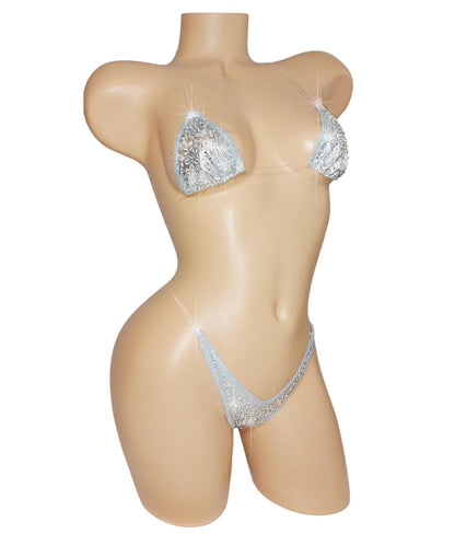 Rhinestone Liquid Silver Bikini: Adjustable Clear Strap Dancewear