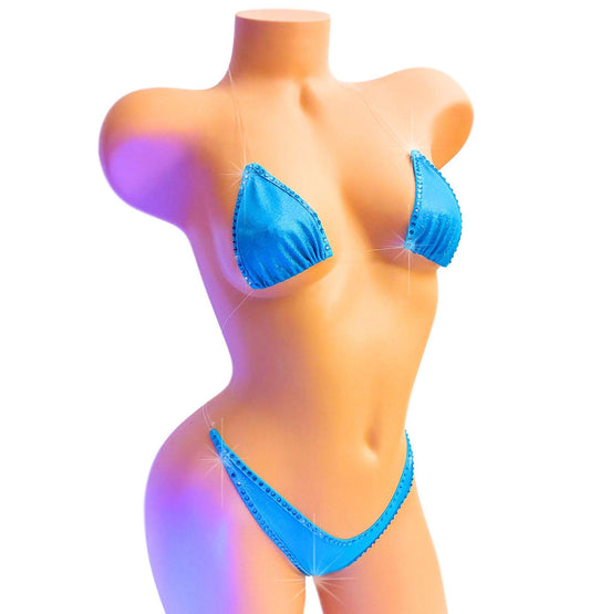 Turquoise Rhinestone Hologram Bikini: Adjustable Clear elastic Exotic Dancewear