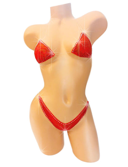 Red Lace Rhinestone Bikini: Adjustable Clear invisible Straps, Exotic Dancewear