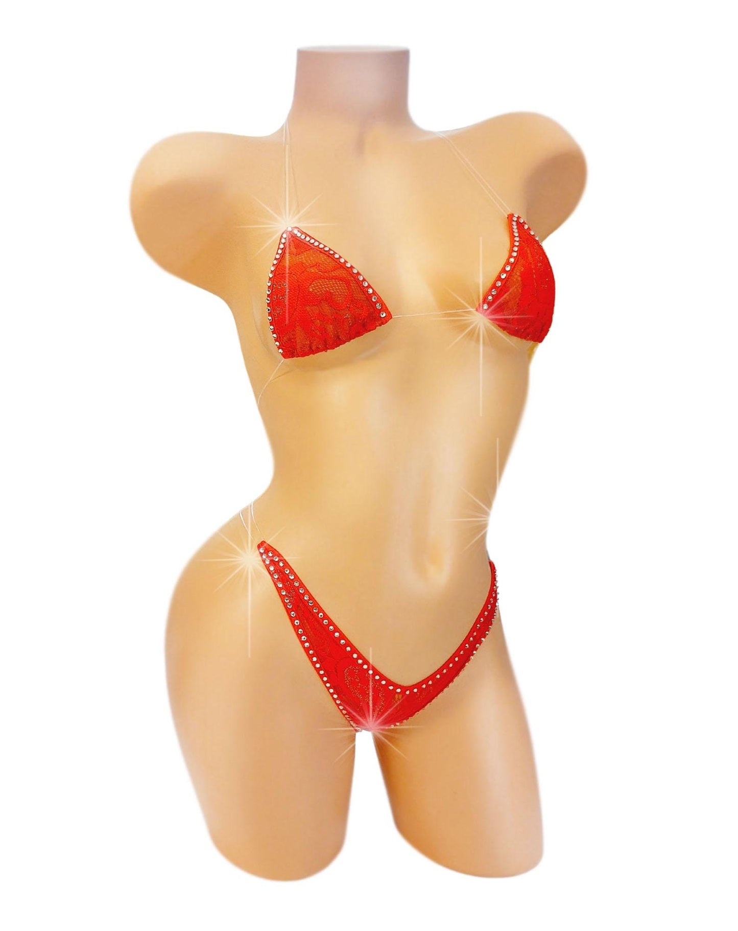Red Lace Rhinestone Bikini: Adjustable Clear invisible Straps, Exotic Dancewear