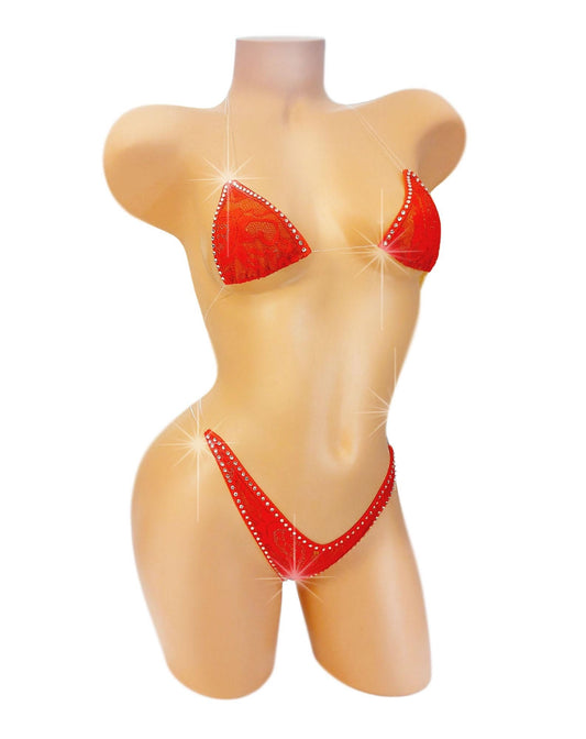 Red Lace Rhinestone Bikini: Adjustable Clear invisible Straps, Exotic Dancewear