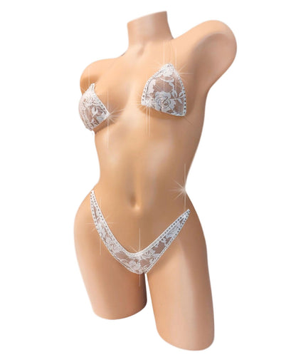 Bridal White Lace Rhinestone Lingerie Set - Adjustable Clear Straps