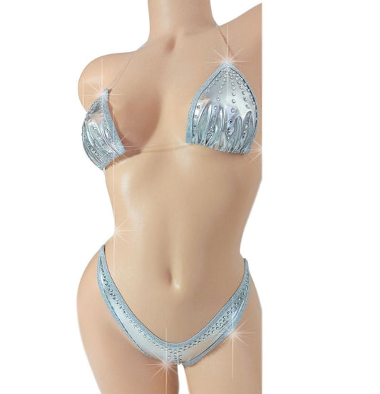 Rhinestone Silver Metallic Bikini: Adjustable Clear Straps, XS-XL