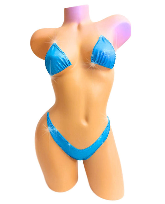 Turquoise Rhinestone Hologram Bikini: Adjustable Clear elastic Exotic Dancewear