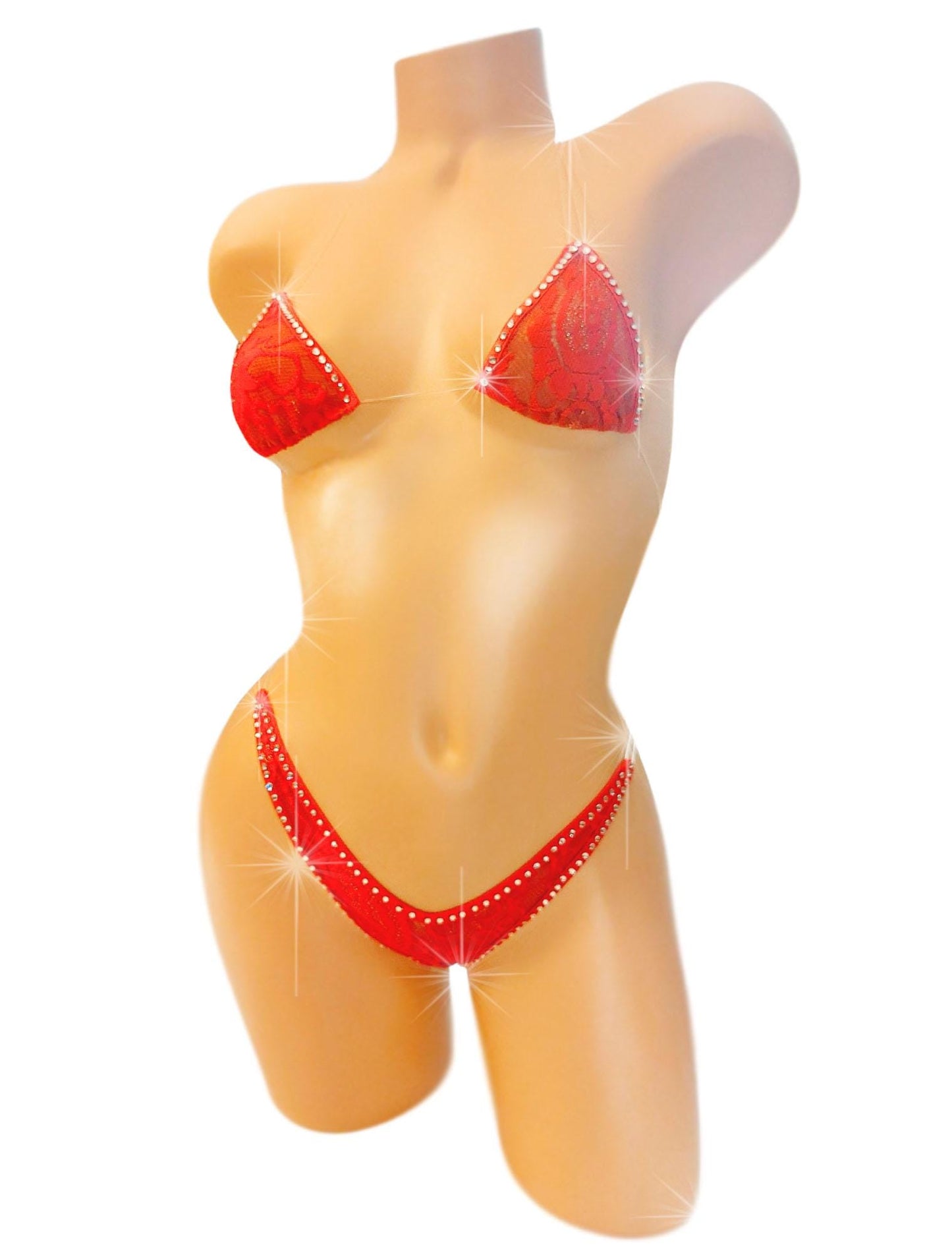 Red Lace Rhinestone Bikini: Adjustable Clear invisible Straps, Exotic Dancewear