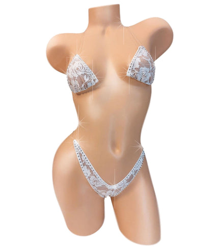 Bridal White Lace Rhinestone Lingerie Set - Adjustable Clear Straps
