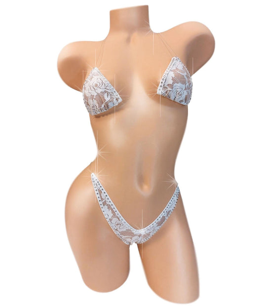 Bridal White Lace Rhinestone Lingerie Set - Adjustable Clear Straps