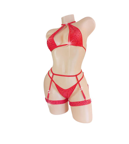 FROSTED! 4 piece Set - Halter Top, Thong, 2 Garters