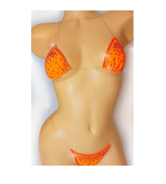 Neon Orange Rhinestone Rave Bikini - Glows in Black Light Lingerie Bikini - Clear Elastic
