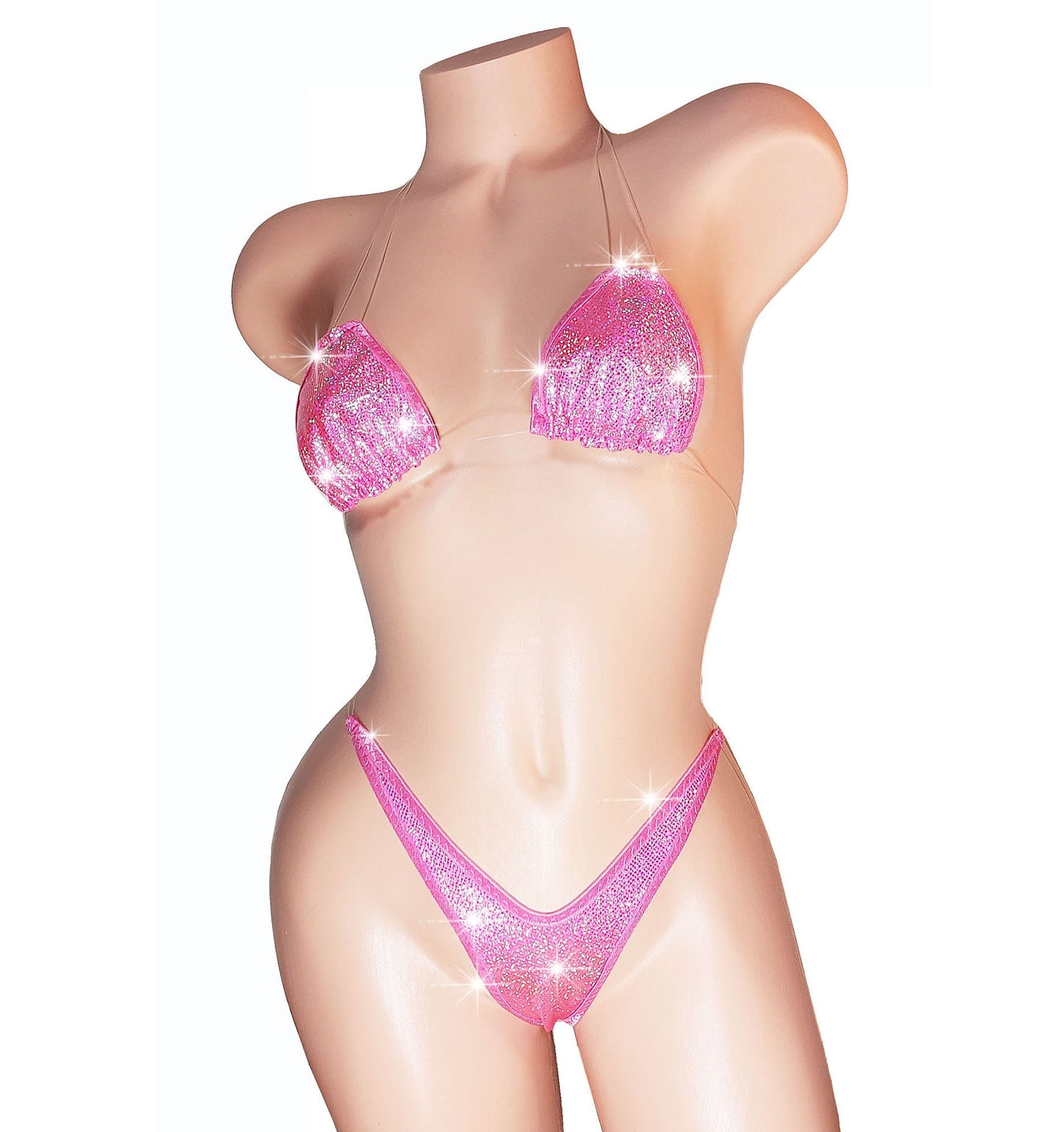 Pink Hologram G-string Bikini: Adjustable Clear Elastic
