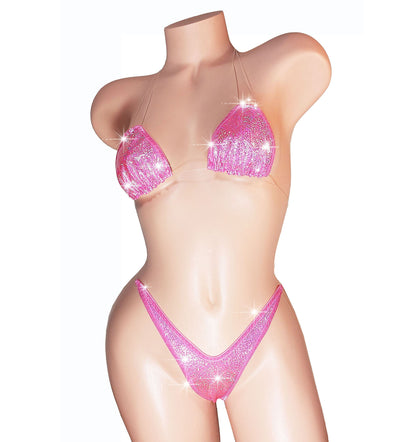 Pink Hologram G-string Bikini: Adjustable Clear Elastic