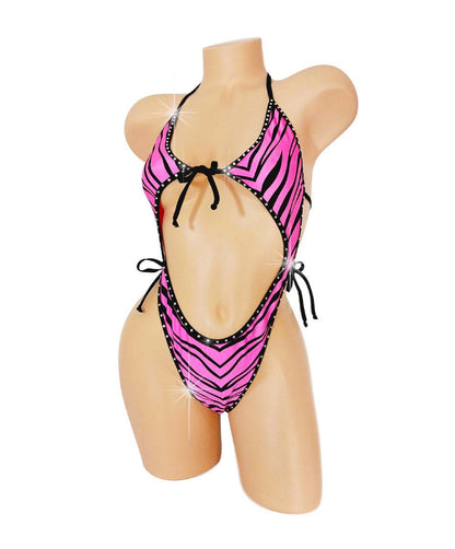Pink Zebra Tie Me Up One Piece: Adjustable Exotic Dancewear
