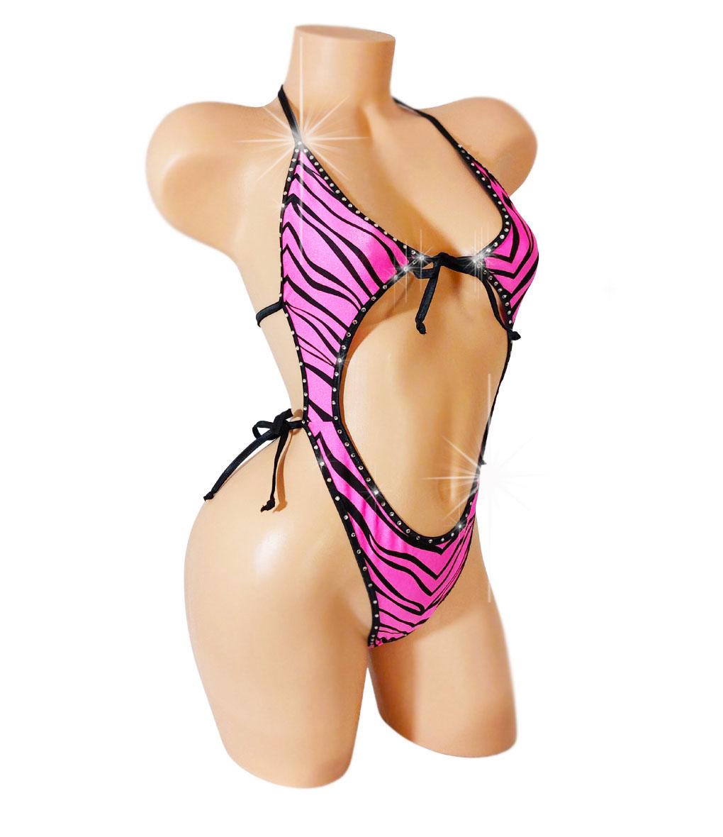 Pink Zebra Tie Me Up One Piece: Adjustable Exotic Dancewear