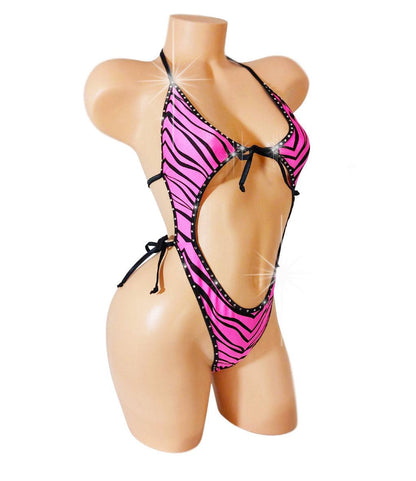 Pink Zebra Tie Me Up One Piece: Adjustable Exotic Dancewear