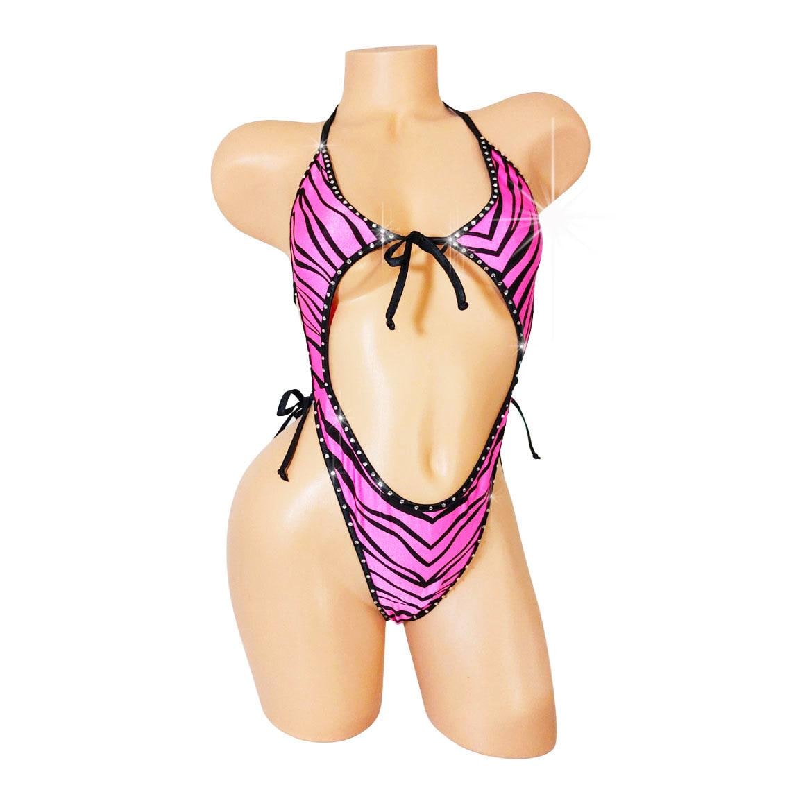 Pink Zebra Tie Me Up One Piece: Adjustable Exotic Dancewear