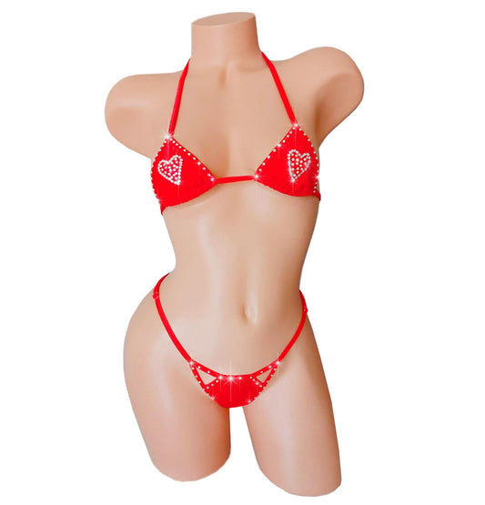 Red Hot Rhinestone Heart adjustable strap thong Bikini