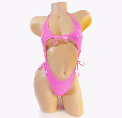 Black PVC One Piece Swimsuit: Adjustable Straps, Custom Sizing