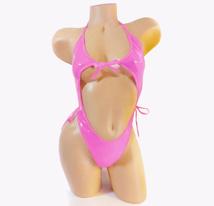 Pink PVC Vinyl One Piece: Tie Side Adjustable Exotic Dancewear