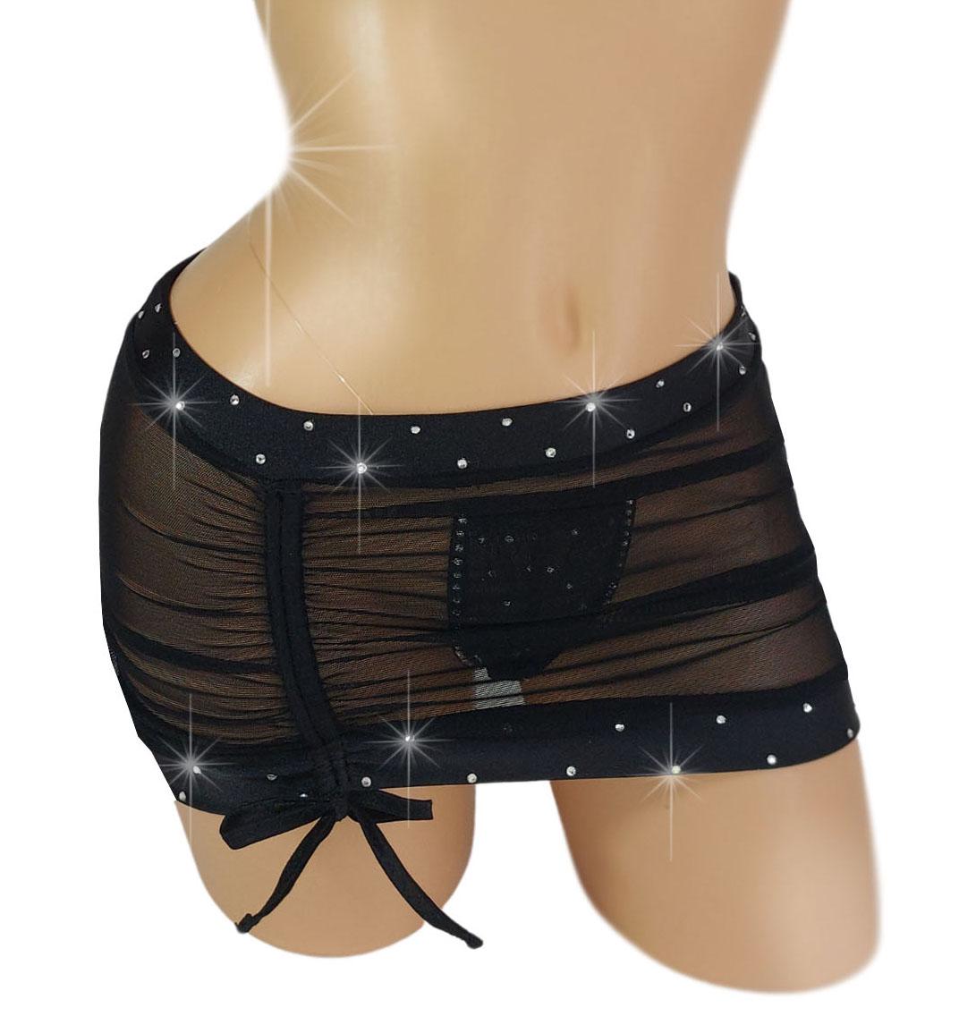 White Wedding drawstring front, gathered back micro Mesh mini skirt with Rhinestones