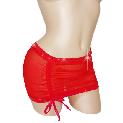 White Wedding drawstring front, gathered back micro Mesh mini skirt with Rhinestones