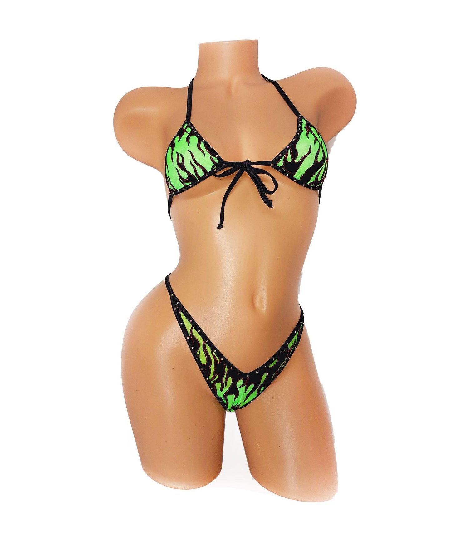 Flame Bikini: Green, Red, Pink - Rhinestone Trim, Adjustable Fit