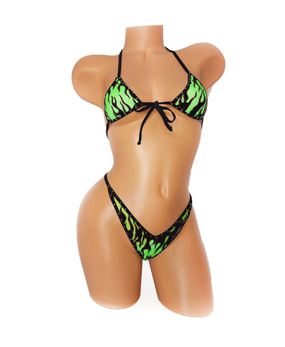 Flame Bikini: Green, Red, Pink - Rhinestone Trim, Adjustable Fit
