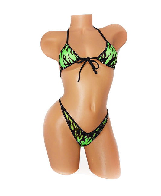 Flame Bikini: Green, Red, Pink - Rhinestone Trim, Adjustable Fit