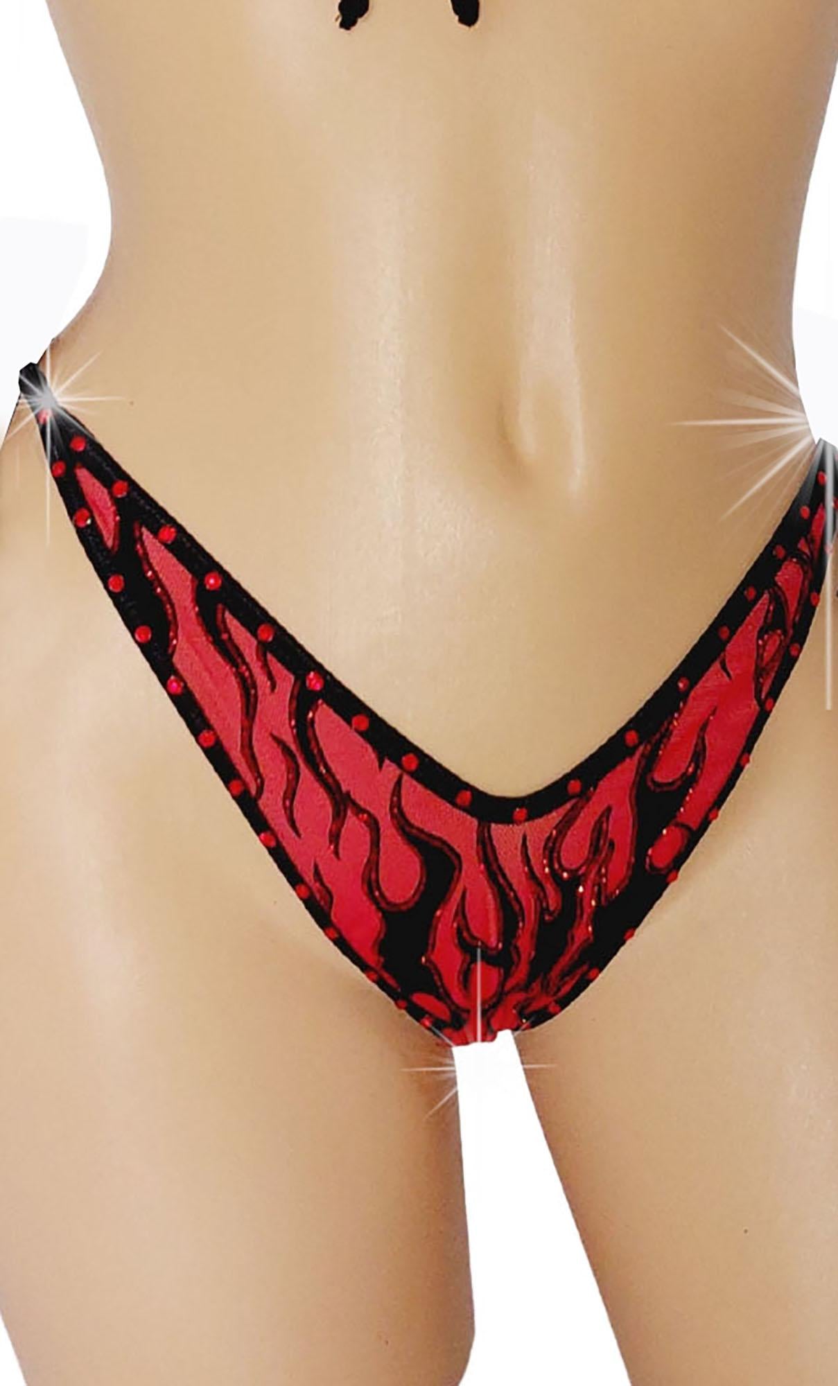 Flame Bikini: Green, Red, Pink - Rhinestone Trim, Adjustable Fit