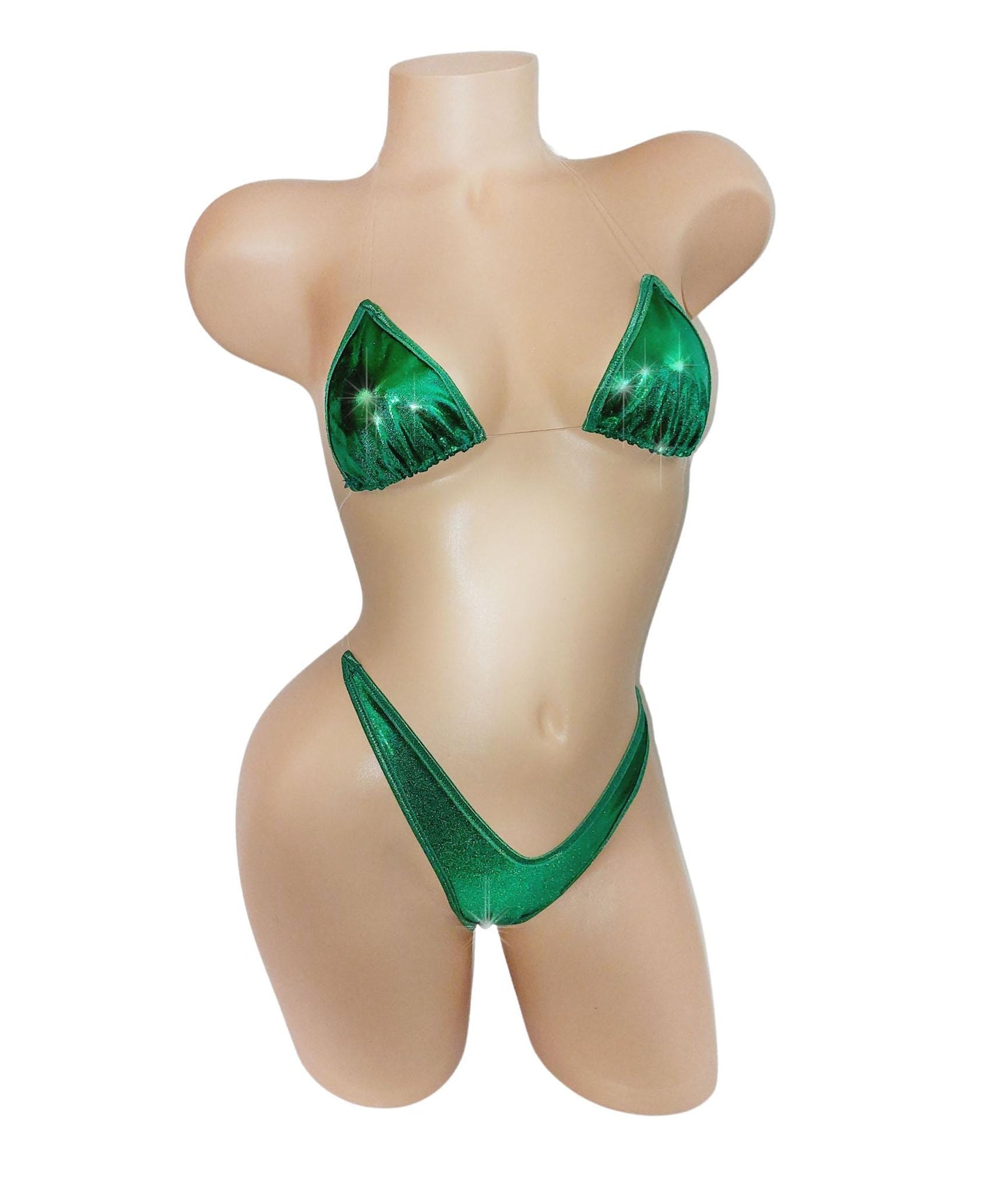 Emerald Green Shimmer Bikini: Adjustable Invisible Clear Elastic Dancewear