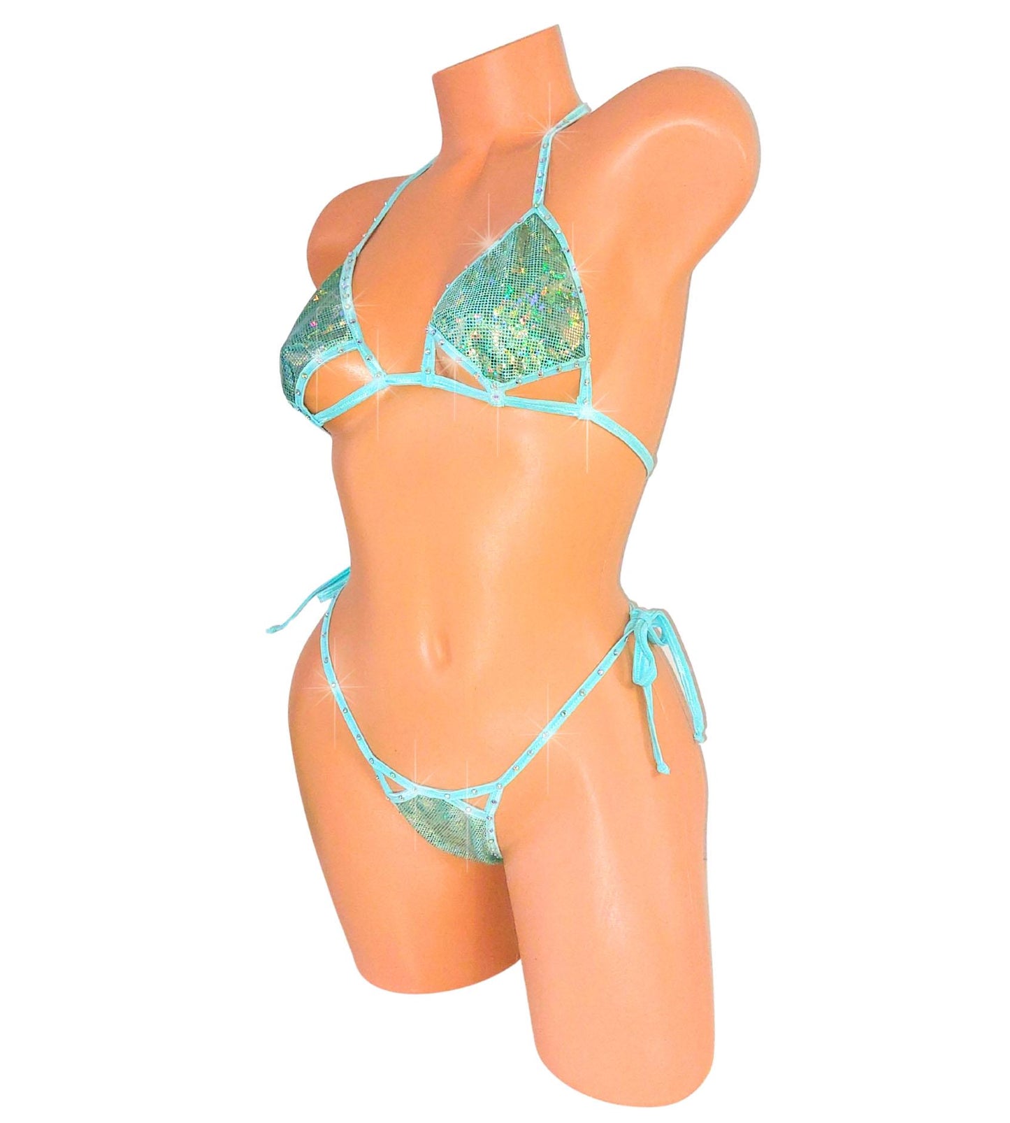 Seafoam Hologram Rhinestone Bikini:  5 Hologram Colors!