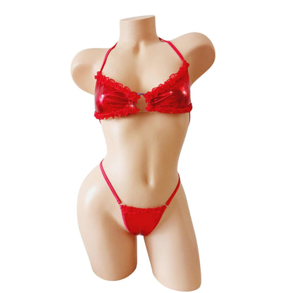 Red Metallic Lamé Ruffle Bikini Set – Rave Pole Dancewear